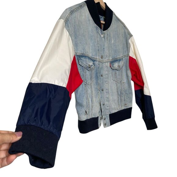 LEVI'S Premium Denim Bomber Blue/Red/White Jacket Snap Up Womens Small RARE 90s - Picture 6 of 16